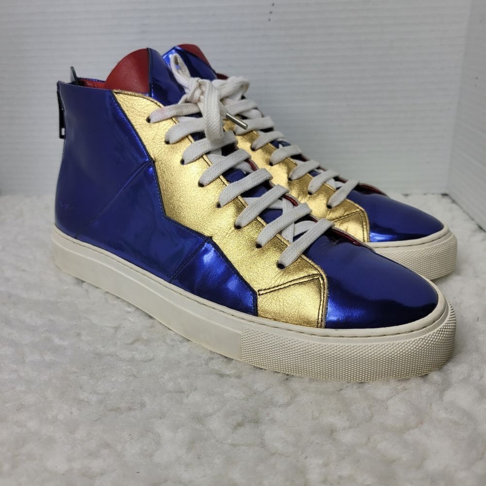 Anonyme Paris Men's Size 10 High Top Sneaker In Blue Gold & Red Patent Leather
